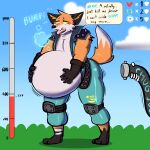absurd_res anthro belly belt big_belly burping canid canine clothing epic_games fennix_(fortnite) fortnite fox fur gloves green_clothing handwear hi_res hiccuping inflatable inflation male mammal nervous orange_body orange_fur outside overweight solo spikes suit tail tube v1sage white_body white_fur yellow_eyes