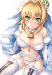  1girl bangs bare_shoulders blonde_hair blush bra breasts cleavage closed_mouth collarbone elbow_gloves fate/extra fate/extra_ccc fate_(series) garter_belt gloves green_eyes hair_between_eyes hair_intakes head_wreath highres large_breasts lingerie lock long_hair looking_at_viewer navel nero_claudius_(bride)_(fate) nero_claudius_(fate)_(all) padlock panties samoore simple_background smile solo thighs underwear veil white_background white_bra white_gloves white_legwear white_panties zipper_pull_tab 