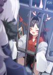  2girls :3 ahoge black_hair black_shorts blue_archive blurry blurry_foreground blush closed_eyes coat_partially_removed commentary_request crying demon_tail dress_shirt dutch_angle facing_another forked_tail furrowed_brow hair_intakes highres hina_(blue_archive) holding_bars horns indoors iron_bars kasumi_(blue_archive) kneeling lab_coat long_hair mofu_namako multiple_girls on_floor prison prison_cell red_shirt shirt shirt_tucked_in short_eyebrows short_shorts shorts signature sleeves_past_fingers sleeves_past_wrists solo_focus tail very_long_sleeves white_hair 
