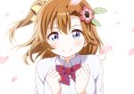  1girl blue_eyes blush bow bowtie closed_mouth collared_shirt commentary_request falling_petals flower hair_between_eyes hair_flower hair_ornament kousaka_honoka looking_at_viewer love_live! love_live!_school_idol_project one_side_up orange_hair otonokizaka_school_uniform petals red_bow red_bowtie school_uniform shirt sidelocks smile solo striped_bow striped_bowtie striped_clothes summer_uniform surufuji upper_body v-shaped_eyebrows white_background white_shirt 