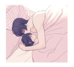  1boy 1girl bed black_hair blush brother_and_sister closed_eyes couple hetero hug incest nude original pillow short_hair siblings under_covers waramugu 