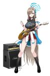  1girl absurdres amplifier asuna_(blue_archive) black_choker black_footwear black_shirt black_socks blue_archive blue_eyes blue_halo blue_ribbon blush breasts choker clothes_around_waist collarbone electric_guitar grin guitar hair_over_one_eye hair_ribbon halo highres holding holding_instrument instrument jacket jacket_around_waist large_breasts light_brown_hair long_hair pleated_skirt red_skirt ribbon shirt shoes simple_background skirt sleeveless sleeveless_shirt smile socks solo suang white_background 
