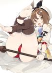  1girl ass atelier_(series) atelier_ryza bangs bare_shoulders brown_eyes brown_hair feet full_body hair_ornament hairclip hat highres jewelry looking_at_viewer necklace open_mouth partially_visible_vulva red_shorts round-bottom_flask sh_(562835932) short_shorts shorts simple_background smile soles solo thighhighs thighs white_background 
