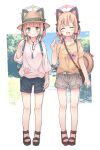  2girls absurdres alternate_costume animal_ear_headphones animal_ears backpack bag black_footwear black_shorts blonde_hair blue_archive blush bow brown_footwear cat_ear_headphones cat_tail fake_animal_ears full_body green_bow green_eyes green_halo grey_shorts hair_bow halo hand_up hat headphones highres index_finger_raised kamotsu_yasai looking_at_viewer low-tied_sidelocks midori_(blue_archive) momoi_(blue_archive) multiple_girls open_mouth outdoors paw_print photo_background pink_halo print_shirt red_bow sandals shirt short_hair shorts shoulder_bag siblings sisters smile straw_hat sweat tail twins white_background white_shirt yellow_shirt 