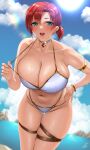  1girl absurdres armlet bare_shoulders beach bikini blue_sky blush boudica_(fate) bracelet breasts choker cleavage collarbone fate/grand_order fate_(series) green_eyes highres jewelry kisaragi_tsurugi large_breasts looking_at_viewer navel o-ring open_mouth red_hair short_hair short_ponytail sky smile solo swimsuit thigh_strap thighs white_bikini 