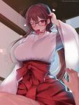  1boy 1girl ahoge blush breasts condom condom_wrapper glasses heart highres japanese_clothes kashiwamochi_yomogi large_breasts long_hair looking_at_viewer miko one_eye_closed original red_eyes red_hair see-through wide_sleeves 
