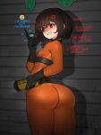  1girl absurdres anger_vein angry bodysuit breasts clenched_teeth commentary crying_emoji emoji english_commentary english_text fiera flashlight hazmat_suit highres lethal_company orange_bodysuit short_hair slime_(creature) slime_(substance) small_breasts solo suit teeth walkie-talkie worker_(lethal_company) 