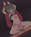  1girl alternate_costume chiki choker fire_emblem fire_emblem:_monshou_no_nazo full_body green_eyes green_hair highres long_hair mageddon mamkute o-ring o-ring_top open_mouth pointy_ears ponytail simple_background solo spread_legs squatting tiara 