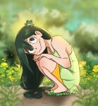  1girl animal animal_on_head artist_name asui_tsuyu bare_shoulders boku_no_hero_academia bow-shaped_hair closed_mouth day dress flower frog frog_on_head from_side green_dress green_eyes green_footwear green_hair hands_on_own_knees happy highres long_hair looking_at_viewer lyneriii on_head outdoors sandals shorts signature smile solo squatting yellow_flower yellow_shorts 
