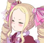  1girl :t beatrice_(re:zero) blonde_hair capelet closed_eyes closed_mouth commentary_request crown drill_hair fur-trimmed_capelet fur_trim hair_ribbon long_hair mini_crown pink_ribbon pout re:zero_kara_hajimeru_isekai_seikatsu red_capelet ribbon s_(hdru2332) sidelocks simple_background solo twin_drills white_background 