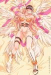  1girl angel angel_wings angewomon bed blonde_hair breasts cameltoe character_name cleavage clothing_cutout covered_eyes dated digimon feathered_wings futa_yuri_ryona helmet high_heels highres large_breasts leg_belt long_hair navel o-ring revealing_clothes ribbon solo stomach_cutout wings 