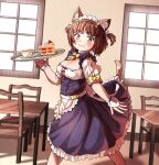  1girl :3 alternate_breast_size animal_ear_fluff animal_ears apron azuki_(nekopara) bell black_dress blush bow breasts brown_eyes brown_hair cake cake_slice cat_ears cat_girl cat_tail chair cleavage closed_mouth commentary_request cup dress food frilled_apron frilled_dress frills fruit hair_ribbon highres holding holding_tray indoors jingle_bell kagarimachi_konatsu medium_breasts neck_bell nekopara puffy_short_sleeves puffy_sleeves ribbon saucer short_sleeves solo strawberry striped_tail table tail teacup tray two_side_up uniform waist_apron waitress white_apron white_ribbon window wrist_cuffs yellow_bow 