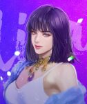  1girl armpit_peek black_hair blackpink blue_eyes blue_jacket breasts camisole character_name jacket jewelry lisa_(blackpink) medium_breasts necklace off_shoulder pink_lips smile solo twitter_username upper_body vrekx_x white_camisole 