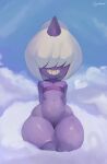 2024 absurd_res bottomless clothed clothing cranihum dazzi_(pal) female hair hair_over_eyes hi_res horn horned_humanoid humanoid kneeling navel not_furry pal_(species) palworld purple_body smile solo white_hair