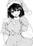  1girl :d blush bow breasts dress elbow_gloves fur-trimmed_dress fur-trimmed_headwear fur_trim gloves hair_between_eyes hair_bow hat hibike!_euphonium highres hisaishi_kanade holding holding_sack looking_at_viewer medium_breasts mokufuu monochrome sack santa_costume santa_hat simple_background sleeveless sleeveless_dress smile solo spot_color v-shaped_eyebrows white_background 