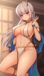  1girl bare_shoulders blue_eyes blush breasts bridal_gauntlets closed_mouth collarbone commentary_request commission dancer hair_ornament hand_up highres large_breasts long_hair navel original pelvic_curtain ponytail ryakusun sideboob skeb_commission smile solo stomach thighs white_hair 