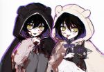  2boys animal_ear_hood animal_ears bear_ears black_hair black_hood blood blood_on_clothes blood_on_face brothers fake_animal_ears fang grey_background holding holding_stuffed_toy hood mahoutsukai_no_yakusoku multiple_boys short_hair siblings simple_background sketch snow_(mahoutsukai_no_yakusoku) stuffed_animal stuffed_cat stuffed_toy tongue tongue_out twins vampire white_(mahoutsukai_no_yakusoku) white_hood xiyuqian yellow_eyes 