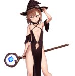  1girl absurdres adjusting_clothes adjusting_headwear arm_up black_dress black_headwear breasts brown_eyes brown_hair closed_mouth clothing_cutout collarbone commentary_request cowboy_shot detached_sleeves dress hat highres holding holding_staff looking_at_viewer medium_hair misaka_mikoto navel navel_cutout orochi_itto simple_background small_breasts smile solo staff standing toaru_kagaku_no_railgun toaru_majutsu_no_index white_background witch_hat 