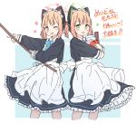  2girls animal_ear_headphones animal_ears apron black_dress blonde_hair blue_archive blue_bow blue_bowtie blush bow bowtie cat_ear_headphones cropped_legs dress fake_animal_ears green_eyes green_halo halo headphones heart highres holding holding_mop kamotsu_yasai light_blue_background long_sleeves looking_at_another maid maid_apron maid_headdress midori_(blue_archive) midori_(maid)_(blue_archive) momoi_(blue_archive) momoi_(maid)_(blue_archive) mop multiple_girls official_alternate_costume one_eye_closed open_mouth pink_eyes pink_halo short_hair siblings sisters smile translation_request twins white_apron white_background 