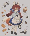  1girl :&lt; acorn animal_ear_fluff animal_ears apron berry black_footwear blue_capelet blue_eyes blue_gloves blue_skirt body_fur boots bow brooch brown_hair capelet checkerboard_cookie commission cookie cupcake flower food fox_ears fox_girl fox_tail full_body furry furry_female gloves gomafuto grey_background hair_bow highres holding_lamp jewelry knee_boots lace-trimmed_skirt lace_trim leaf long_hair long_sleeves looking_at_viewer low_twintails no_sclera oil_lamp orange_fur original puffy_long_sleeves puffy_sleeves sample_watermark shirt simple_background skirt solo standing tail twintails twitter_username v_arms watermark white_apron white_flower white_shirt 