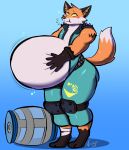 anthro belly belt big_belly blush canid canine chug_jug clothed clothing epic_games fennix_(fortnite) fortnite fox fur gloves green_clothing handwear hi_res male mammal open_clothing orange_body orange_fur overweight solo spikes tail thick_thighs v1sage white_body white_fur