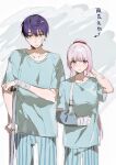  1boy 1girl arm_behind_head arm_sling blue_pants blue_shirt blush collarbone commentary_request cowboy_shot crutch hair_between_eyes hair_ornament hair_scrunchie highres kenmochi_touya long_hair nijisanji pants parted_lips patch pink_eyes pink_hair ponytail purple_hair qing_yan_xia red_scrunchie scrunchie shiina_yuika shirt short_hair short_sleeves striped_clothes striped_pants sweat sweatdrop translation_request vertical-striped_clothes vertical-striped_pants 
