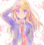  1girl arm_up blazer blonde_hair blue_eyes blush collared_shirt floating_hair hair_between_eyes jacket long_hair long_sleeves looking_at_viewer miyazono_kawori necktie open_blazer open_clothes open_jacket orange_neckwear school_uniform shati shigatsu_wa_kimi_no_uso shirt smile solo striped striped_neckwear upper_body white_shirt wing_collar 