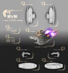  3d absurdres commentary concept_art copyright_name english_text eve_online from_side glowing gradient_background grey_background grey_theme highres logo military_vehicle multiple_views no_humans original pingouin84k reference_sheet science_fiction spacecraft thrusters vehicle_focus 