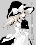  1girl absurdres apron back_bow blonde_hair bow braid broom hair_bow hand_on_own_hip hat hat_bow hatomehonpo highres holding holding_broom kirisame_marisa long_hair looking_at_viewer short_sleeves side_braid skirt skirt_set smile solo touhou very_long_hair waist_apron witch_hat yellow_eyes 