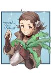  1girl absurdres ahoge black_choker blue_background border brown_eyes brown_hair brown_jacket choker clenched_hand collar commission cropped_torso eyelashes fire_emblem fire_emblem_fates flower hair_flower hair_ornament highres holding holding_plant jacket looking_at_viewer misokatsuhaumai mozu_(fire_emblem) outside_border plant potted_plant short_hair simple_background smile solo sparkle teeth thank_you white_border white_flower 
