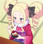  1girl beatrice_(re:zero) black_ribbon blonde_hair blue_eyes blush butterfly-shaped_pupils chopsticks commentary_request dress drill_hair eating fur_trim hair_ribbon indoors japanese_clothes kimono kotatsu long_hair re:zero_kara_hajimeru_isekai_seikatsu ribbon s_(hdru2332) shrimp sidelocks solo striped_ribbon symbol-shaped_pupils table twin_drills wide_sleeves 