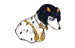  2017 accessory alternate_species ambiguous_gender black_hair blue_eyes bruno_buccellati canid canine canis domestic_dog feral feralized fur furrification hair hair_accessory jojo&#039;s_bizarre_adventure looking_down low_res magicalkoko mammal short_hair simple_background solo white_background white_fur zipper 