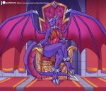 2024 activision alanscampos anklet anthro blue_eyes bottomwear bracelet breasts chair clothing collar crossed_legs cynder dragon eyelashes feet female furniture hand_on_knee hand_on_leg hi_res horn jewelry legband loincloth looking_at_viewer membrane_(anatomy) membranous_wings purple_body purple_scales scales scalie sitting smile solo spiked_anklet spiked_bracelet spiked_collar spiked_legband spikes spyro_the_dragon teeth throne topwear wings