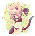  1girl :3 animal_ears animal_hands blush bow bra braid breasts brown_hair cat_cutout cat_ears cat_girl cat_lingerie cat_tail cleavage_cutout clothing_cutout cropped_legs fang gloves hair_bow lingerie long_hair meme_attire navel nekonooteteumai one_eye_closed open_mouth original panties paw_gloves pink_eyes small_breasts smile solo tail twin_braids underwear 