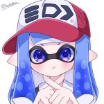  1girl artist_name baseball_cap blue_eyes blue_hair blush commentary_request hat highres inkling inkling_girl long_hair looking_at_viewer pointy_ears pout simple_background solo splatoon_(series) splatoon_3 tentacle_hair tonbofree twitter_username upper_body v-shaped_eyebrows white_background x_fingers 