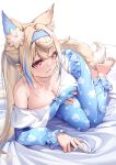  1girl alternate_costume animal_ear_fluff animal_ears barefoot bed_sheet blonde_hair blue_hair blue_hairband blue_pajamas blush breasts cleavage commentary curry_bowl dog_ears dog_girl english_commentary extra_ears fuwawa_abyssgard hair_intakes hairband highres hololive hololive_english large_breasts long_sleeves looking_at_viewer multicolored_hair naughty_face on_bed pajamas ponytail red_eyes seductive_smile single_bare_shoulder single_off_shoulder sleepwear smile solo streaked_hair 