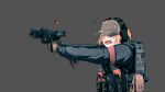  1girl armband backpack bag baseball_cap blonde_hair commentary ear_protection escape_from_tarkov gun handgun hat highres holding holding_gun holding_weapon houtinti load_bearing_vest motion_lines open_mouth original pistol simple_background solo weapon 