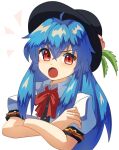  1girl :o ahoge black_headwear blue_hair collared_shirt commentary_request crossed_arms hinanawi_tenshi leaf long_hair neck_ribbon peach_hat_ornament plus2sf puffy_short_sleeves puffy_sleeves red_eyes red_ribbon ribbon shirt short_sleeves simple_background solo touhou v-shaped_eyebrows very_long_hair white_background white_shirt 