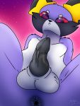  anus balls black_penis calm cosoon fak&eacute;mon fur hi_res looking_at_viewer male penis perspective purple_fur signature simple_background solo space spreading stakota star 