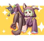  1girl absurdres ahoge araga_kiwi black_pantyhose blush button_eyes double_bun feet green_hair hair_bun highres hood hooded_jacket jacket knees_up legs looking_at_viewer mahou_shoujo_ni_akogarete mole mole_under_eye no_shoes open_mouth pantyhose red_eyes shriohalfarm sleeves_past_wrists smile soles star_(symbol) starry_background toes venalita zettai_ryouiki 