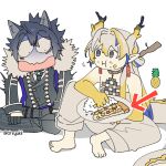  1boy 1girl animal_ears arknights arrow_(symbol) artist_name barefoot blonde_hair blue_eyes blue_hair closed_mouth commentary dragon_girl dragon_horns dragon_tail earrings eating english_commentary food food_on_face fruit grey_hair hair_between_eyes highres horns indian_style infection_monitor_(arknights) jewelry knee_up multicolored_hair open_mouth pineapple pineapple_pizza pizza plate pointy_ears rice shu_(arknights) sitting tail twitter_username variant_set vigil_(arknights) wolf_boy wolf_ears yukii 