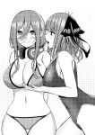  2girls arms_behind_back bangs bikini blush breasts cleavage closed_mouth fou_zi go-toubun_no_hanayome greyscale hair_between_eyes hair_ornament hair_ribbon headphones headphones_around_neck highres large_breasts long_hair looking_at_viewer monochrome multiple_girls nakano_miku nakano_nino navel one-piece_swimsuit open_mouth ribbon short_hair siblings sideboob simple_background sisters standing swimsuit thigh_gap 