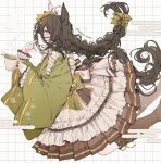  1girl ahoge animal_ears apron black_hair boots bow brown_footwear brown_skirt cloud coffee_mug commentary_request cross-laced_footwear cup dotted_line dress ear_covers egasumi feet_out_of_frame finger_to_mouth frilled_apron frilled_dress frills from_side green_king_(pixiv_fantasia) grid_background hair_bow highres himawari_himuka holding holding_cup horse_ears horse_girl horse_tail japanese_clothes kimono kimono_skirt long_bangs long_hair long_sleeves looking_to_the_side maid manhattan_cafe_(umamusume) mug official_alternate_costume pleated_skirt profile single_ear_cover skirt solo steam tail twitter_username umamusume wa_maid white_apron wide_sleeves yellow_bow yellow_eyes 