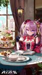  1girl book breasts cake cathedral cleavage copyright_name crown cup day flower food full_body gloves heterochromia holding holding_cup indoors iron_saga logo long_hair mini_crown official_art pink_eyes pink_hair purple_eyes second-party_source sitting slokai_(iron_saga) solo table teapot window 