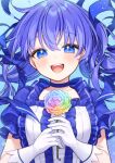  1girl :d blue_background blue_choker blue_eyes blue_hair center_frills choker collarbone commentary_request elbow_gloves flower frills gloves hair_between_eyes hands_up highres holding holding_flower karokuchitose long_hair looking_at_viewer nijisanji puffy_short_sleeves puffy_sleeves rainbow_gradient shirt short_sleeves smile solo upper_body virtual_youtuber white_gloves white_shirt yuuki_chihiro 