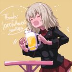  1girl alcohol artist_name beer beer_mug black_jacket blue_eyes brown_background clenched_hand closed_eyes commentary_request cup dress_shirt english_text frown girls_und_panzer grey_hair holding holding_cup itsumi_erika jacket kuromorimine_military_uniform long_sleeves medium_hair milestone_celebration military_uniform miniskirt motion_lines mug open_mouth pleated_skirt puddinghomhom red_shirt red_skirt shirt skirt solo standing table tearing_up thank_you uniform wing_collar 