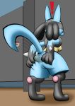 2019 absurd_res anthro bathroom breasts butt canid canine clothing desperate desperation digital_media_(artwork) feces female hi_res imlutio lucario mammal messing nintendo pants pok&eacute;mon pok&eacute;mon_(species) pooping public_restroom raised_tail scat soiling solo story story_in_description video_games 