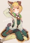  1girl animal_ears arm_up bangs belt blonde_hair blush braid character_name closed_mouth collarbone dog_ears eip_(pepai) erune eyebrows_visible_through_hair granblue_fantasy green_skirt grey_background hair_ornament leaf_hair_ornament long_sleeves looking_at_viewer pantyhose paw_print short_hair simple_background single_braid sitting skirt smile solo star star_hair_ornament vajra_(granblue_fantasy) yellow_legwear 