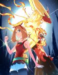  1girl absurdres back-to-back bare_shoulders blaziken blue_eyes bow bracelet brown_hair clenched_hand closed_mouth collarbone fanny_pack hair_bow highres jewelry looking_at_viewer may_(pokemon) mega_blaziken pokemon pokemon_(creature) red_bow red_shirt shirt shorts sleeveless sleeveless_shirt smile zeroartwo 