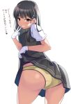  1girl absurdres ass back black_hair black_skirt black_vest blue_ribbon breasts brown_eyes collared_shirt dress_shirt gloves hayashio_(kancolle) highres kantai_collection lifted_by_self long_hair looking_at_viewer looking_back mole mole_under_eye neck_ribbon panties pleated_skirt ribbon school_uniform shirt short_sleeves skirt small_breasts smile takashi_(nougyou) underwear vest white_gloves white_shirt yellow_panties 
